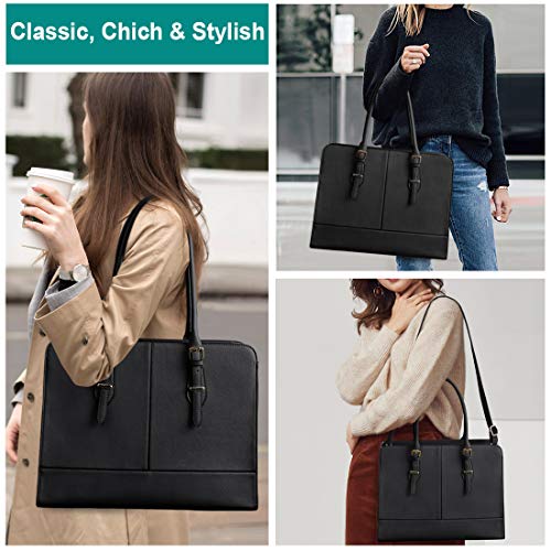 Laptop Bag for Women Leather Work Tote 15.6 Inch Laptop for Computer Bag Waterproof Business Office Professional Large Capacity Handbag Shoulder Bag Black