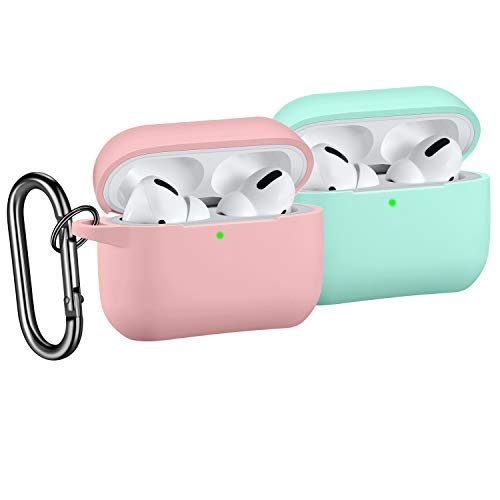 [2 Pack] SNBLK Designed for Airpods Pro Case Cover Silicone Protective Charging Case Skin with Keychain Compatible for Apple Airpods Pro 2019, (Front LED Visible) Pink/Mint Green