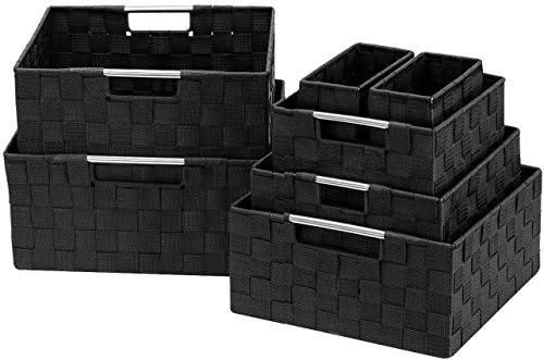 Sorbus Storage Box Woven Basket Bin Container Tote Cube Organizer Set Stackable Storage Basket Woven Strap Shelf Organizer Built-In Carry Handles (7 Piece - Black)