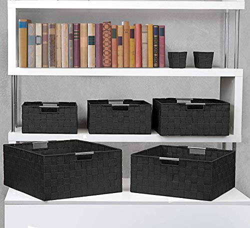 Sorbus Storage Box Woven Basket Bin Container Tote Cube Organizer Set Stackable Storage Basket Woven Strap Shelf Organizer Built-In Carry Handles (7 Piece - Black)