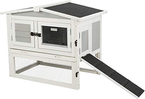 TRIXIE Natura Insulated Rabbit Hutch with Large Run, Hinged Peaked Roof, 2-Story with Ramp, for Rabbits or Guinea Pigs, Gray/White