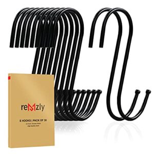 remzly 30 pack s hooks for hanging 3.5 inch | heavy duty carbon steel hangers for kitchen utensils, plants, pot, pan, cups, towels – black