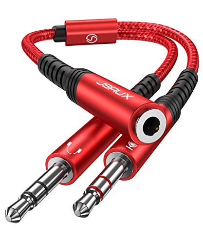 JSAUX Headset Splitter Cable for PC, 3.5mm Headphone Splitter Mic and Audio Y Splitter Jack, Female to 2 Male Adapter for Game-Red