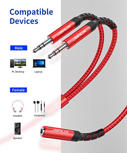 JSAUX Headset Splitter Cable for PC, 3.5mm Headphone Splitter Mic and Audio Y Splitter Jack, Female to 2 Male Adapter for Game-Red