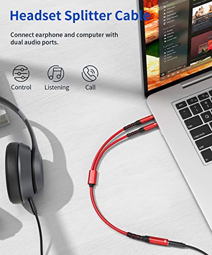 JSAUX Headset Splitter Cable for PC, 3.5mm Headphone Splitter Mic and Audio Y Splitter Jack, Female to 2 Male Adapter for Game-Red