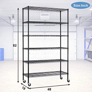 18x48x72 Inch Commercial Wire Shelving Unit with Wheels 6 Tier Heavy Duty Layer Rack Storage Metal Shelf Garage Organizer Wire Rack Shelving Adjustable Utility 2100 LBS Capacity with Casters,Black