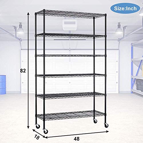 18x48x72 Inch Commercial Wire Shelving Unit with Wheels 6 Tier Heavy Duty Layer Rack Storage Metal Shelf Garage Organizer Wire Rack Shelving Adjustable Utility 2100 LBS Capacity with Casters,Black