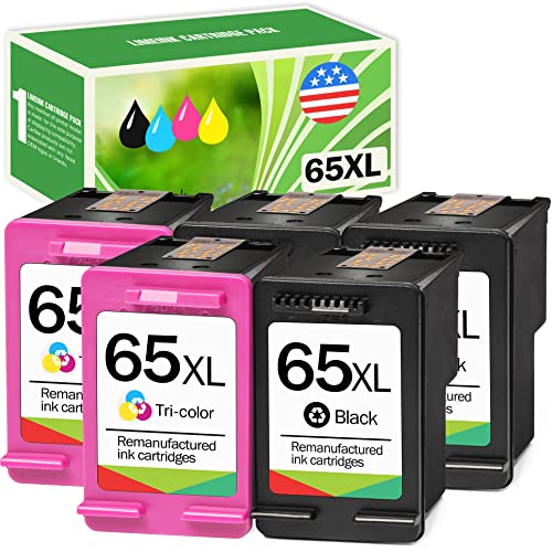 Limeink 5 Remanufactured Ink Cartridge Replacement for 65XL 65 XL High Yield for HP DeskJet 2600 2622 2652 2655 3700 3720 3722 3752 3755 Envy 5000 5052 5055 Printer AMP 100 Black and Color Combo Pack