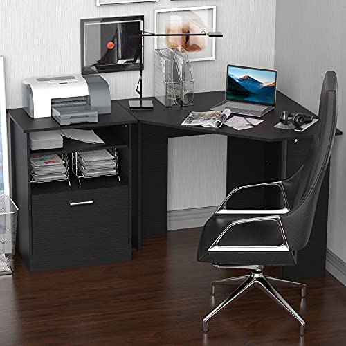 HOMCOM Computer Desk with Printer Cabinet, L-Shaped Corner Desk with Storage, Study PC Workstation for Home Office, Black