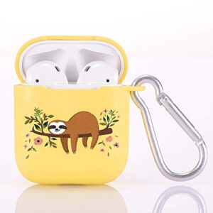 joyland yellow case cover for airpod 1&2 w/keychain ring carabiner clip,lovely sloth case wireless earphone case smooth anti-dust silicone protective cover soft skin cute case fr airpods 1 & 2