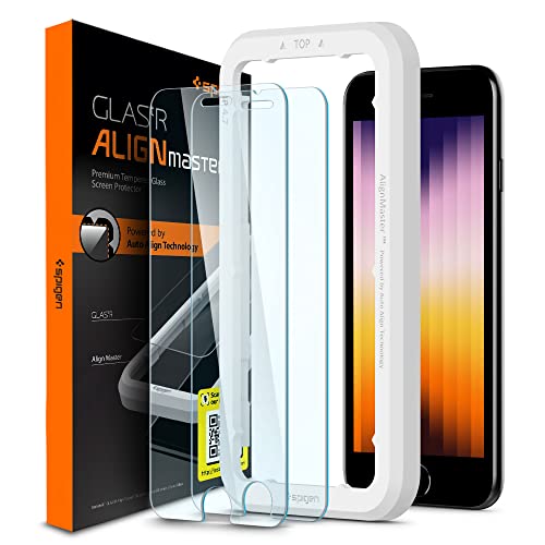 Spigen Tempered Glass Screen Protector [GlasTR AlignMaster] designed for iPhone SE 3 (2022) / iPhone SE 2 (2020) / iPhone 8 / iPhone 7- (2 Pack)