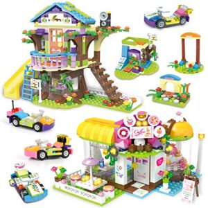 friends tree house coffee shop building blocks sets, treehouse cafe building kit for girls age 6-12 years creative roleplay birthday gift for kids toddlers with storage box (960 pieces)