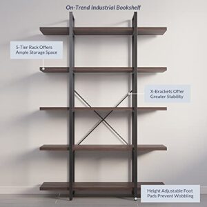 BELLEZE 5-Tier Wood Bookshelf, 70 Inch Industrial Storage Shelves Organizer for Living Room, Pantry, Home Office and Garage, Open Display Shelves with Metal Frame - Dark Walnut