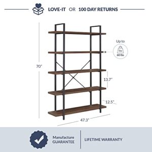 BELLEZE 5-Tier Wood Bookshelf, 70 Inch Industrial Storage Shelves Organizer for Living Room, Pantry, Home Office and Garage, Open Display Shelves with Metal Frame - Dark Walnut