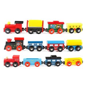 wondertoys wooden train cars 12 pcs magnetic train sets includes 3 engines and storage bag - wooden train set for toddlers compatible with major brands train set tracks - trains for train table