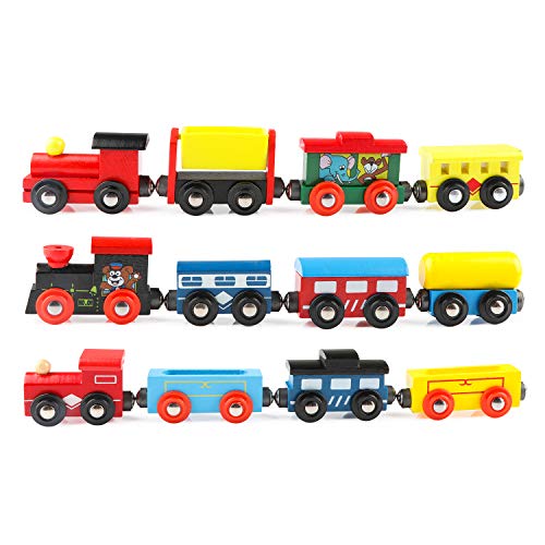 Wondertoys Wooden Train Cars 12 PCS Magnetic Train Sets Includes 3 Engines and Storage Bag - Wooden Train Set for Toddlers Compatible with Major Brands Train Set Tracks - Trains for Train Table