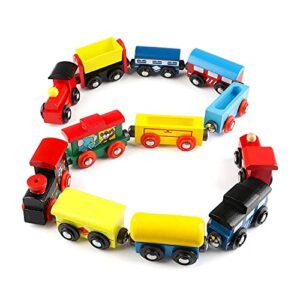 Wondertoys Wooden Train Cars 12 PCS Magnetic Train Sets Includes 3 Engines and Storage Bag - Wooden Train Set for Toddlers Compatible with Major Brands Train Set Tracks - Trains for Train Table