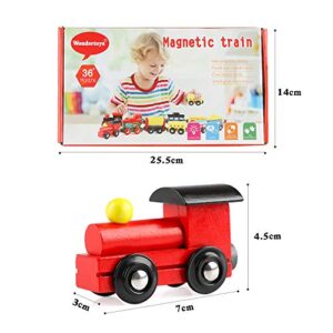 Wondertoys Wooden Train Cars 12 PCS Magnetic Train Sets Includes 3 Engines and Storage Bag - Wooden Train Set for Toddlers Compatible with Major Brands Train Set Tracks - Trains for Train Table