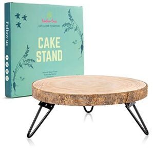 timber tree 10 inch wood cake stand for dessert table - round rustic cake holder tray wooden serving platter pedestal centerpiece decoration with sturdy hinged metal legs for wedding cakes