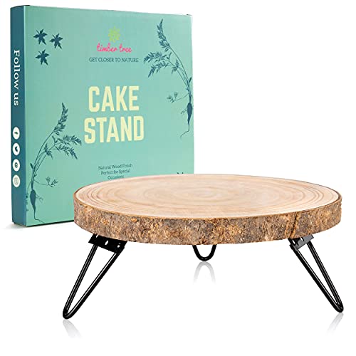 Timber Tree 10 inch Wood Cake Stand for Dessert Table - Round Rustic Cake Holder Tray Wooden Serving Platter Pedestal Centerpiece Decoration with Sturdy Hinged Metal Legs for Wedding Cakes