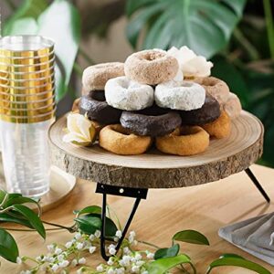 Timber Tree 10 inch Wood Cake Stand for Dessert Table - Round Rustic Cake Holder Tray Wooden Serving Platter Pedestal Centerpiece Decoration with Sturdy Hinged Metal Legs for Wedding Cakes