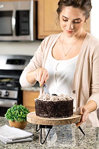 Timber Tree 10 inch Wood Cake Stand for Dessert Table - Round Rustic Cake Holder Tray Wooden Serving Platter Pedestal Centerpiece Decoration with Sturdy Hinged Metal Legs for Wedding Cakes