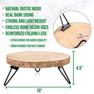 Timber Tree 10 inch Wood Cake Stand for Dessert Table - Round Rustic Cake Holder Tray Wooden Serving Platter Pedestal Centerpiece Decoration with Sturdy Hinged Metal Legs for Wedding Cakes