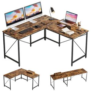 bestier l shaped desk 95.2 inch 2 person long desk or reversible corner computer desk for home office large craft table u shaped gaming workstation with monitor stand & 3 cable holes, rustic brown