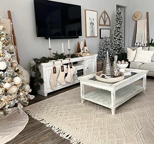 Leonardtown Moroccan Farmhouse Living Room Bedroom Wool Area Rug with Tassel - High Low, Wool - Moroccan Trellis - Hand Woven, Handmade, Beige, Grey, Light Brown - 5' x 7'6"