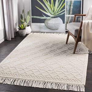 Leonardtown Moroccan Farmhouse Living Room Bedroom Wool Area Rug with Tassel - High Low, Wool - Moroccan Trellis - Hand Woven, Handmade, Beige, Grey, Light Brown - 5' x 7'6"