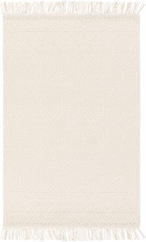 Leonardtown Moroccan Farmhouse Living Room Bedroom Wool Area Rug with Tassel - High Low, Wool - Moroccan Trellis - Hand Woven, Handmade, Beige, Grey, Light Brown - 5' x 7'6"