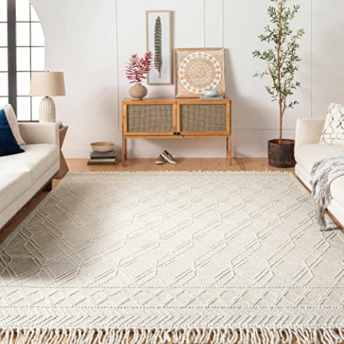 Leonardtown Moroccan Farmhouse Living Room Bedroom Wool Area Rug with Tassel - High Low, Wool - Moroccan Trellis - Hand Woven, Handmade, Beige, Grey, Light Brown - 5' x 7'6"