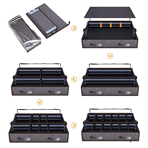 Anyoneer Under Bed Shoe Storage Organizer, Set of 2, Sturdy Structure, Adjustable Dividers, Reinforced Handle, Sturdy Zipper, Fits 24 Pairs Total, Underbed Storage Solution with Clear Window, Breathable, Gray