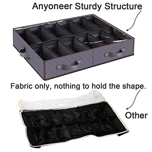 Anyoneer Under Bed Shoe Storage Organizer, Set of 2, Sturdy Structure, Adjustable Dividers, Reinforced Handle, Sturdy Zipper, Fits 24 Pairs Total, Underbed Storage Solution with Clear Window, Breathable, Gray