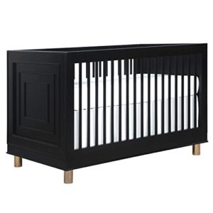 evolur loft art deco 3-in-1 convertible crib in black, greenguard gold certified, 3 mattress height settings, features rounded spindles, converts to toddler bed & daybed