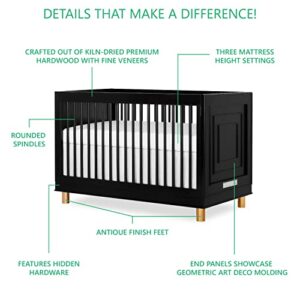 Evolur Loft Art Deco 3-In-1 Convertible Crib In Black, Greenguard Gold Certified, 3 Mattress Height Settings, Features Rounded Spindles, Converts To Toddler Bed & Daybed