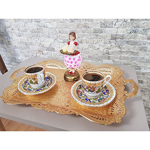 Gold Decorative Turkish Ottoman Tea Coffee Serving Tray with Handles Rectangle for Bar Outdoor Dresser Cups Moroccan Kitchen Perfume Table Party Wedding Vanity Bathroom Counter Candle