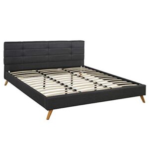 casa andreamilano mid-century linen platform bed frame with pleated headboard design, dark grey
