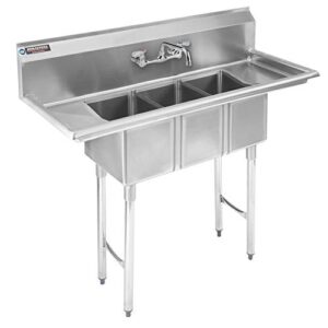 stainless steel kitchen sink with faucet - durasteel 3 compartment commercial sink w/double drainboards - triple 10" x 14" x 10" bowl size - for restaurant, laundry, garage & backyard - nsf certified