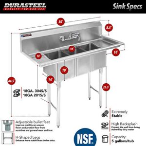 Stainless Steel Kitchen Sink with Faucet - DuraSteel 3 Compartment Commercial Sink w/Double Drainboards - Triple 10" x 14" x 10" Bowl Size - for Restaurant, Laundry, Garage & Backyard - NSF Certified