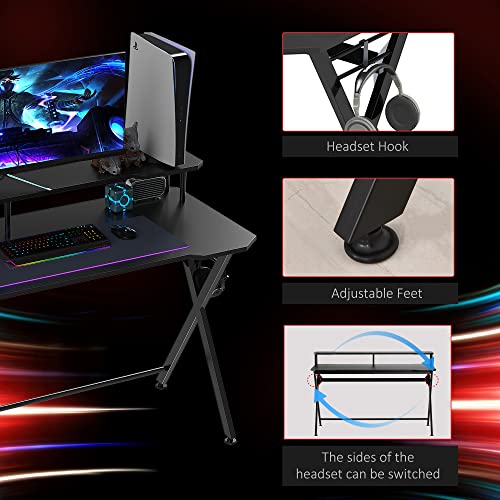 HOMCOM 55 inch Gaming Desk Racing Style Computer Office PC Gamer Workstation with Elevated Monitor Stand, Headphone Hook, Black