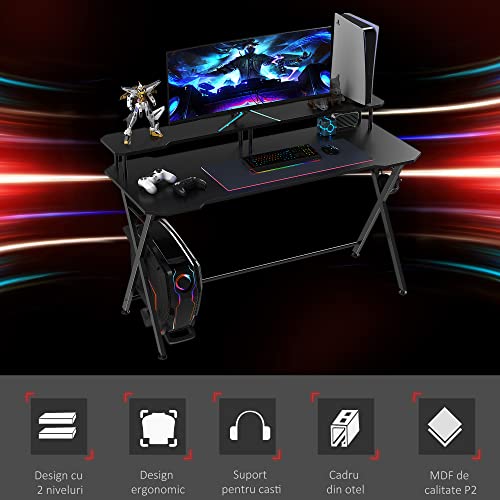 HOMCOM 55 inch Gaming Desk Racing Style Computer Office PC Gamer Workstation with Elevated Monitor Stand, Headphone Hook, Black