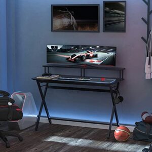 HOMCOM 55 inch Gaming Desk Racing Style Computer Office PC Gamer Workstation with Elevated Monitor Stand, Headphone Hook, Black