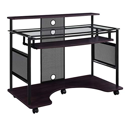 OSP Home Furnishings Vision Glass Multi-Media Home Office Rolling Desk, Black