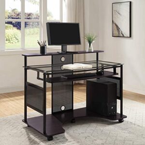 OSP Home Furnishings Vision Glass Multi-Media Home Office Rolling Desk, Black