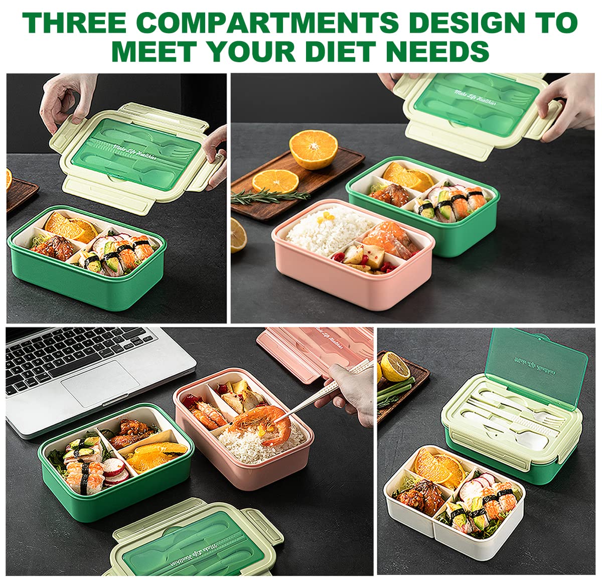 Supplim Bento Box for Adults and Kids - 1400ML Bento Lunch Box With Spoon & Knife & Fork,Leakproof 3 Compartment Lunch Food Storage Containers for Men Women