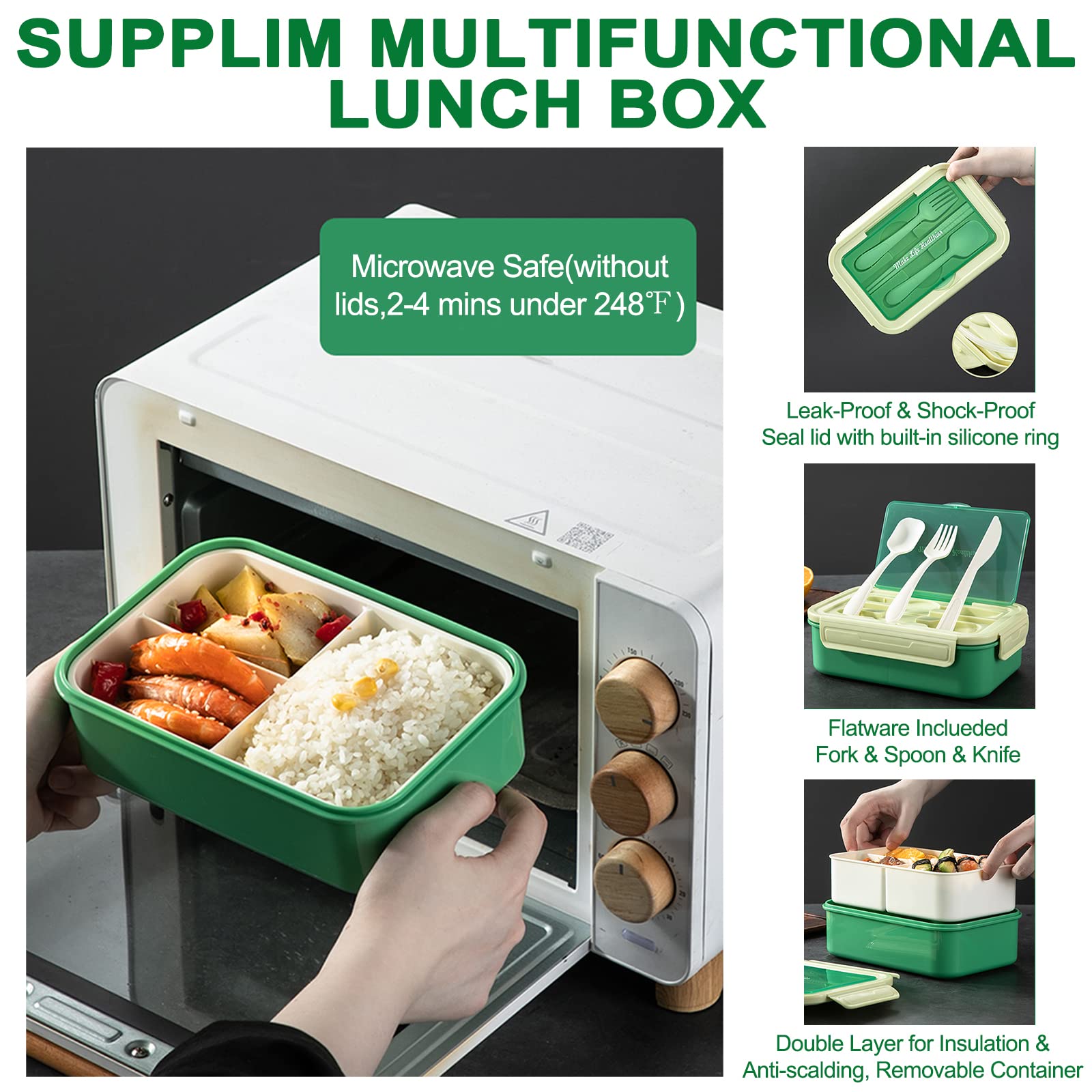 Supplim Bento Box for Adults and Kids - 1400ML Bento Lunch Box With Spoon & Knife & Fork,Leakproof 3 Compartment Lunch Food Storage Containers for Men Women