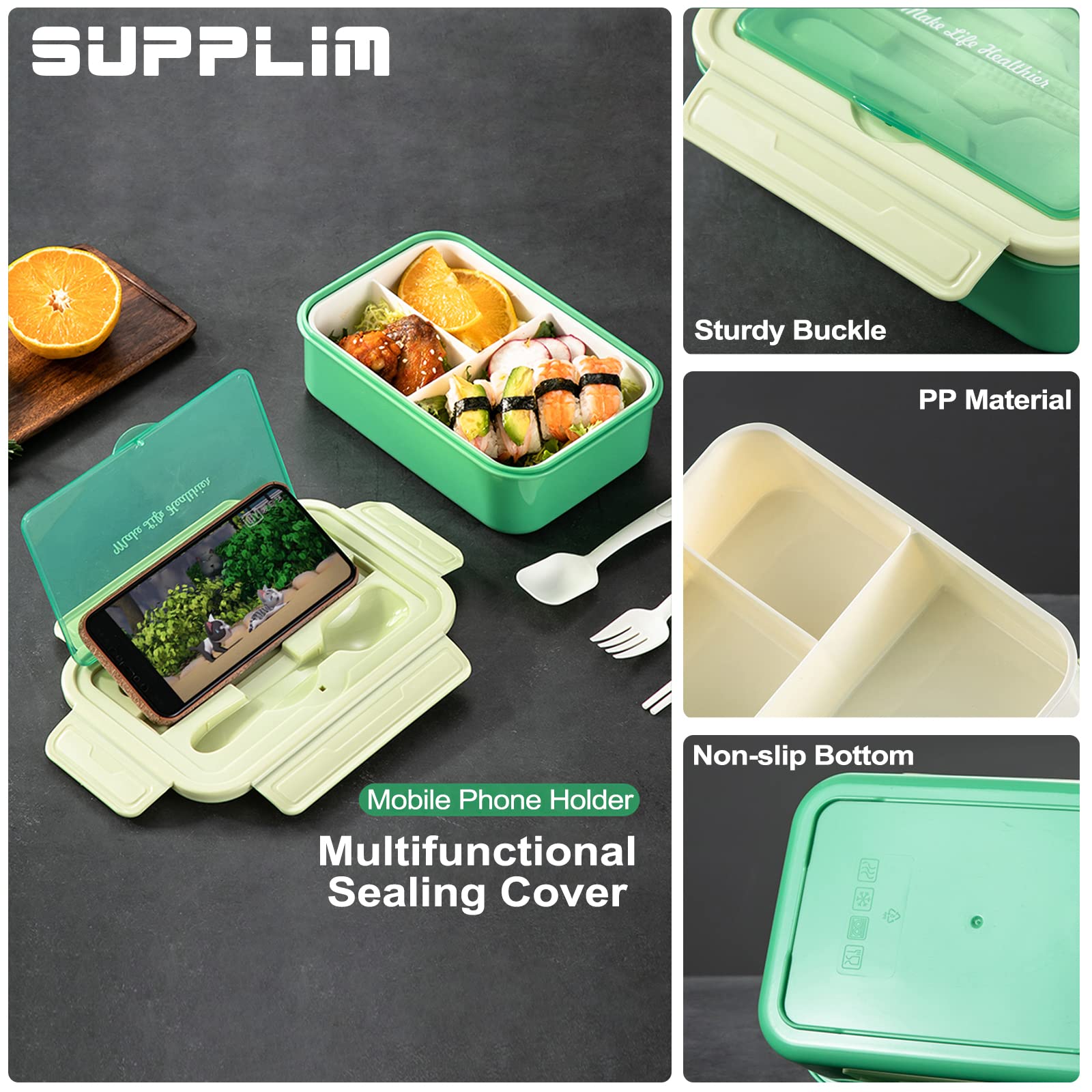 Supplim Bento Box for Adults and Kids - 1400ML Bento Lunch Box With Spoon & Knife & Fork,Leakproof 3 Compartment Lunch Food Storage Containers for Men Women