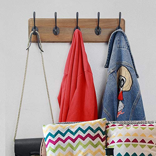 SKOLOO Rustic Wall Mounted Coat Rack: 16-inches Hole to Hole, Pine Solid Wood Coat Hook Hanger - 5 Hooks for Hanging Clothes Robes Towels Coats