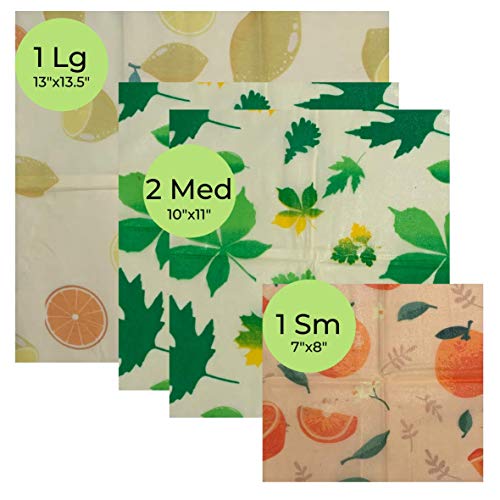 EEKOBLUE Beeswax Food Wraps (4-pack + tie closures) Each organic beeswax wrap with jojoba oil is a sustainable reusable food wrap that is an alternative to plastic. 3 Sizes (S,M,L)